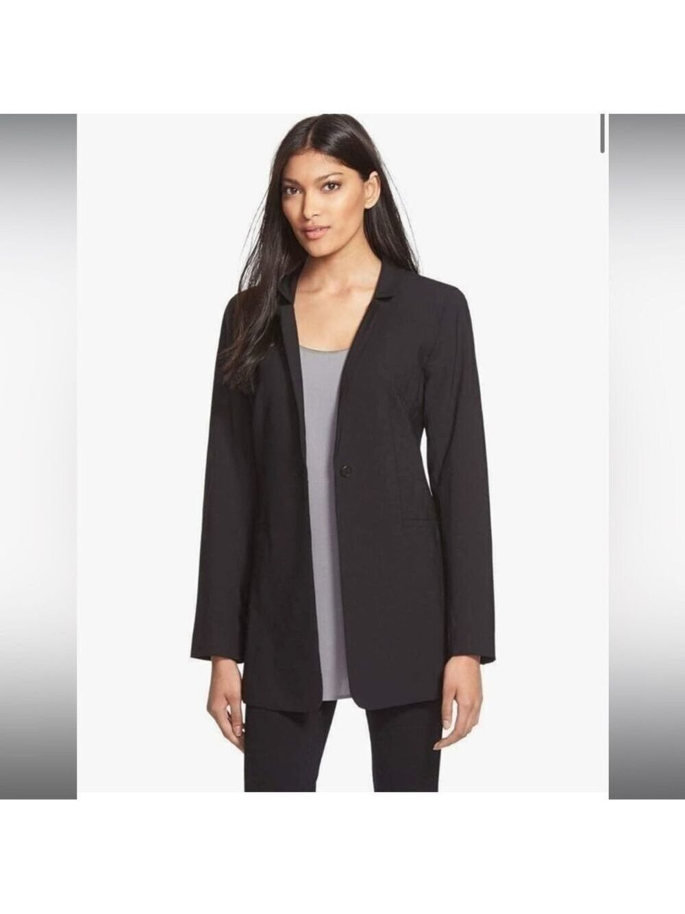 EILEEN FISHER CLASSIC LONG BLACK WOOL SILK BLEND BLAZER